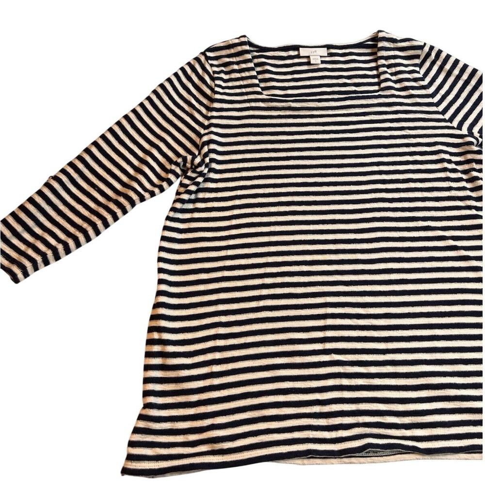 J. Jill Navy White Striped Square‎ Neck 100% Cotton Top Button Cuff Sleeve Small